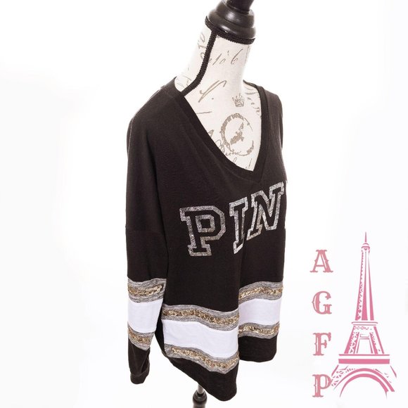 PINK VS bling Logo sequin Varsity black V neck Top - Picture 3 of 10